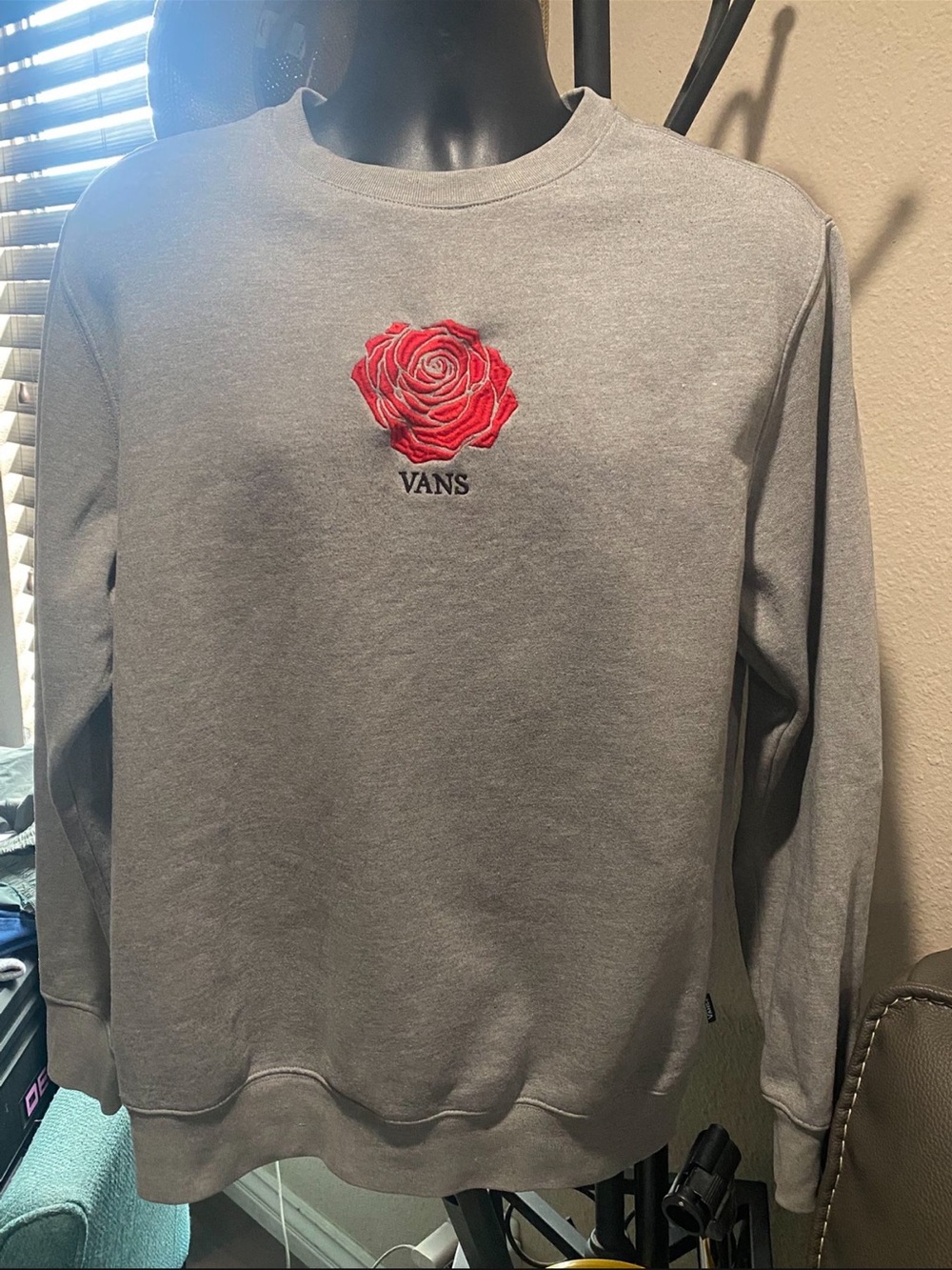 Vans Gray Crewneck Sweatshirt with Red Rose Embroidery